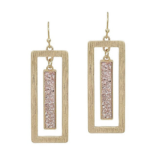 Gold Druzy and Open Rectangle Bar Earrings - Bray and Em Boutique
