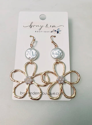 Gold Metal Flower Earring with Pearl Accents - Bray and Em Boutique