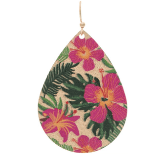 Gold Pink Hibiscus Print Teardrop Earring - Bray and Em Boutique