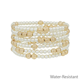 Gold Textured and Pearl Beaded Stretch Bracelet Set - Bray and Em Boutique