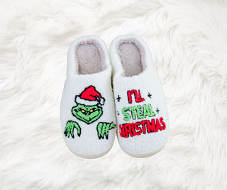"I'll Steal Christmas" Grinch Embroidered Slippers - Bray and Em Boutique
