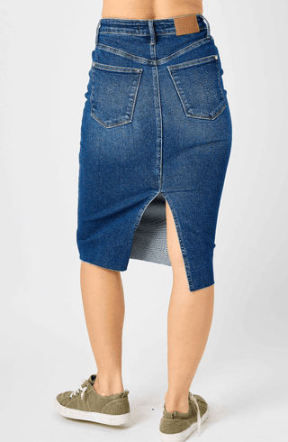 Judy Blue HW Back Slit Mid Length Skirt - Bray and Em Boutique