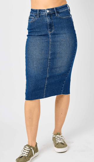 Judy Blue HW Back Slit Mid Length Skirt - Bray and Em Boutique