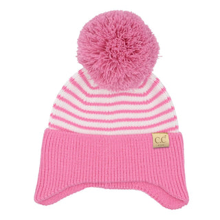 KIDS Stripe Earflap Yarn Pom Beanie - Bray and Em Boutique