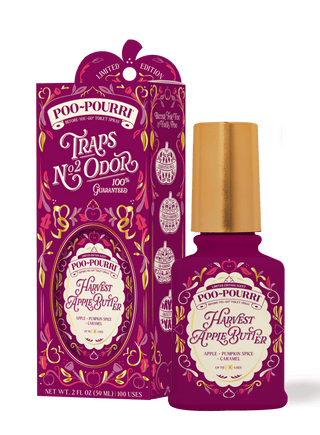 Bring all the cozy fall vibes to your bathroom with Poo~Pourri Harvest Apple Butter. This limited-edition seasonal scent blends crisp red apple, warm cinnamon, sweet maple, creamy vanilla, and sandalwood for a fragrance that feels like fall at the farmhouse.

Simply spritz into the toilet bowl before you go to help trap bathroom odors beneath the water’s surface—leaving behind a warm, orchard-inspired scent instead.

Details

Scent: Apple, Cinnamon & Vanilla
Top Notes: Red Apple, Maple & Bitter Orange
