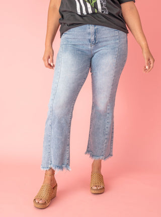 RISEN Almost Positive HR Raw Hem Flare Crop Jeans - Bray and Em Boutique