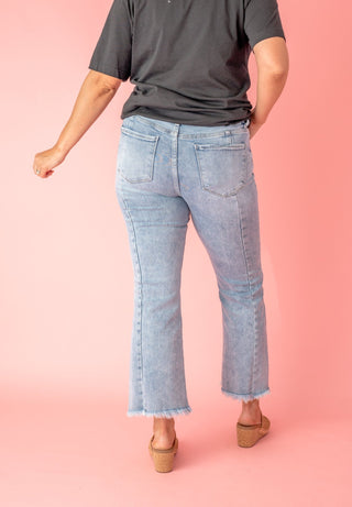 RISEN Almost Positive HR Raw Hem Flare Crop Jeans - Bray and Em Boutique