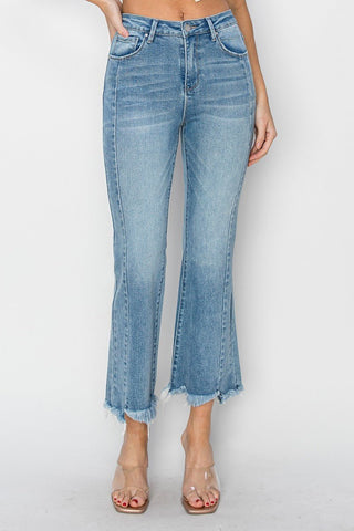 RISEN Almost Positive HR Raw Hem Flare Crop Jeans - Bray and Em Boutique