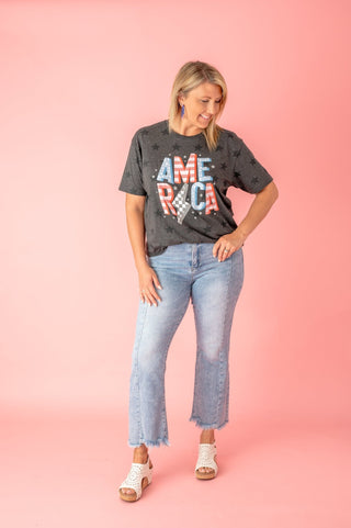 RISEN Almost Positive HR Raw Hem Flare Crop Jeans - Bray and Em Boutique