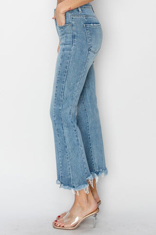 RISEN Almost Positive HR Raw Hem Flare Crop Jeans - Bray and Em Boutique