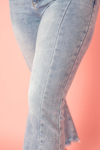 RISEN Almost Positive HR Raw Hem Flare Crop Jeans - Bray and Em Boutique
