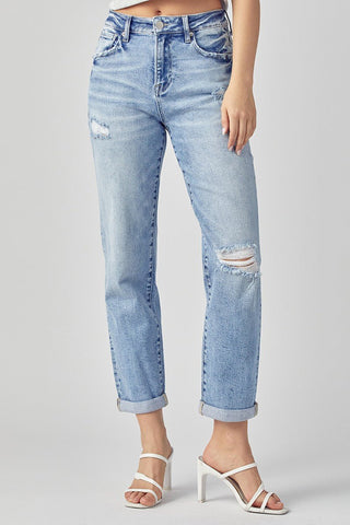 Risen Distressed Boyfriend Roll Up Hem Jean - Bray and Em Boutique