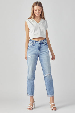 Risen Distressed Boyfriend Roll Up Hem Jean - Bray and Em Boutique