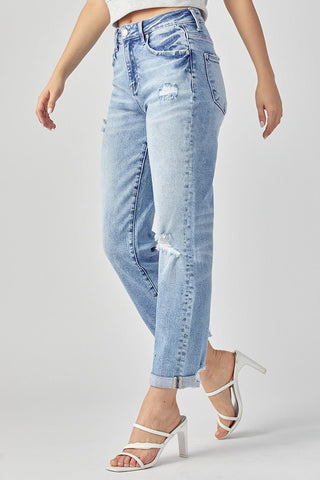 Risen Distressed Boyfriend Roll Up Hem Jean - Bray and Em Boutique