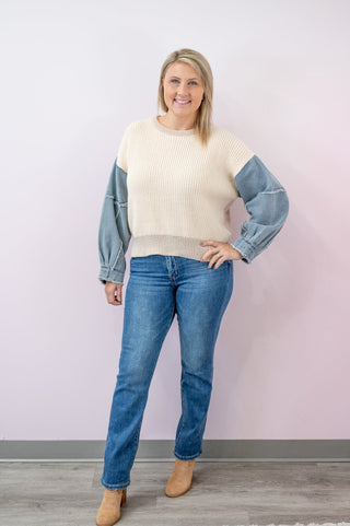 Simple Choice Denim Sleeve Sweater - Bray and Em Boutique