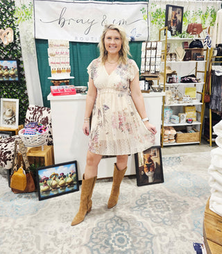 Romantic, delicate, and effortlessly feminine — The Fleur Lace Dress is a dreamy piece made for special moments and everyday elegance. Featuring a soft floral print layered with intricate lace detailing, this dress brings beautiful texture and timeless charm.

Designed with a flattering V-neckline and a gently cinched waist, it creates a graceful silhouette, while the flowy skirt adds movement and a light, airy feel.

DETAILS:

• Lightweight fabric with lace overlay
• Soft floral print
