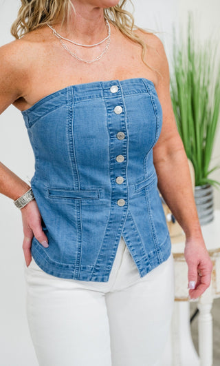 Tribal Button Front Denim Bustier Top - Bray and Em Boutique
