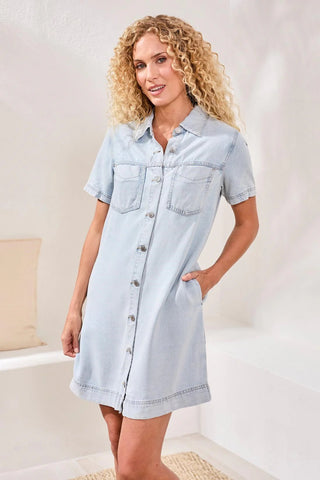 Tribal Button Front Tencel Denim Shift Dress - Bray and Em Boutique