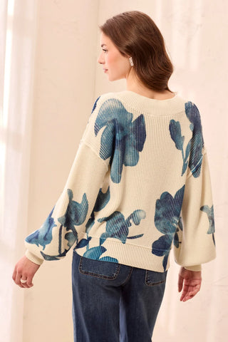 TRIBAL: Drop Shoulder V-Neck Puff-Sleeve Sweater