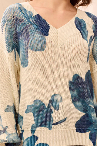 TRIBAL: Drop Shoulder V-Neck Puff-Sleeve Sweater