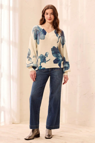 TRIBAL: Drop Shoulder V-Neck Puff-Sleeve Sweater