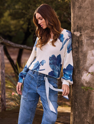 TRIBAL: Drop Shoulder V-Neck Puff-Sleeve Sweater - Bray and Em Boutique