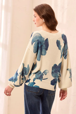 TRIBAL: Drop Shoulder V-Neck Puff-Sleeve Sweater - Bray and Em Boutique