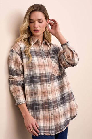 TRIBAL Plaid Flannel Fringed - Hem Shirt - Bray and Em Boutique
