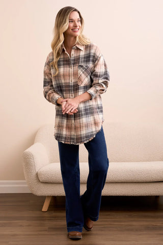 TRIBAL Plaid Flannel Fringed-Hem Shirt