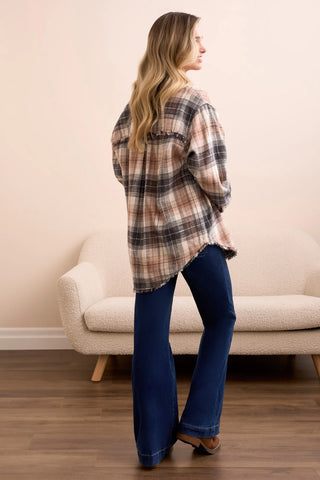 TRIBAL Plaid Flannel Fringed-Hem Shirt