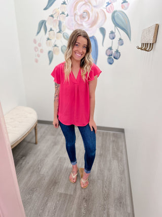 V - Neck Short Ruffled Sleeve Top - Bray and Em Boutique
