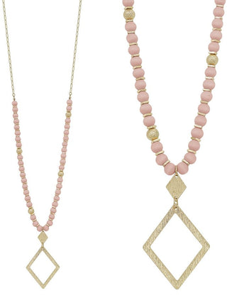 Wood Beaded Necklace with Diamond Shape Pendant - Bray and Em Boutique