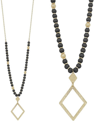 Wood Beaded Necklace with Diamond Shape Pendant - Bray and Em Boutique