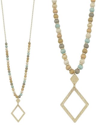 Wood Beaded Necklace with Diamond Shape Pendant - Bray and Em Boutique