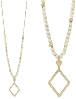 Wood Beaded Necklace with Diamond Shape Pendant - Bray and Em Boutique