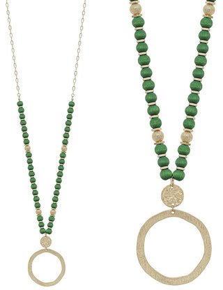 Wood Beaded with Hammered Gold Open Circle Drop Necklace - Bray and Em Boutique