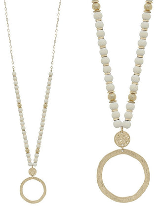Wood Beaded with Hammered Gold Open Circle Drop Necklace - Bray and Em Boutique