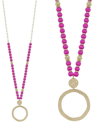 Wood Beaded with Hammered Gold Open Circle Drop Necklace - Bray and Em Boutique