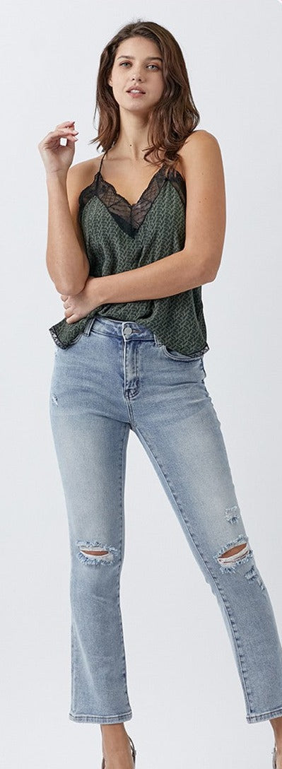 Risen Mid Rise Distressed Straight Jeans