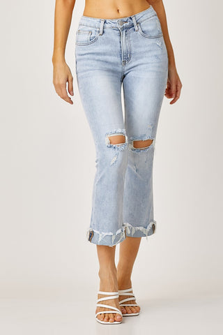 Risen Distressed Ankle Bootcut Cuff Jeans