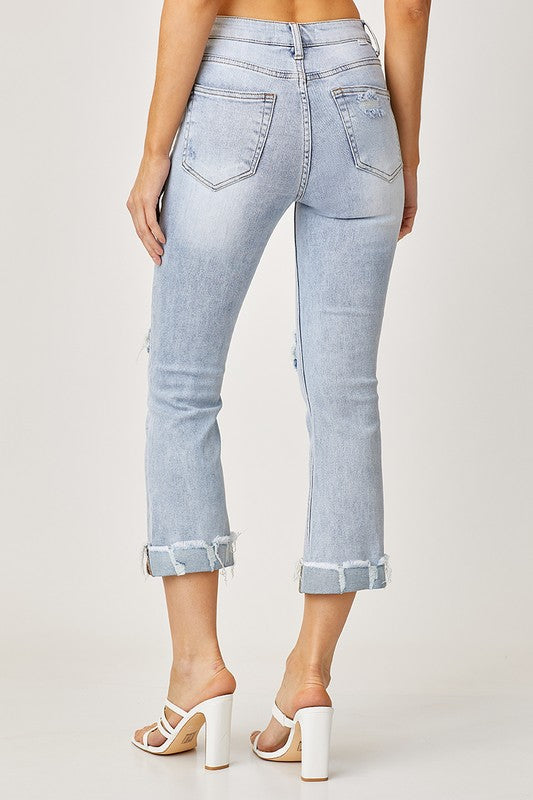 Risen Distressed Ankle Bootcut Cuff Jeans