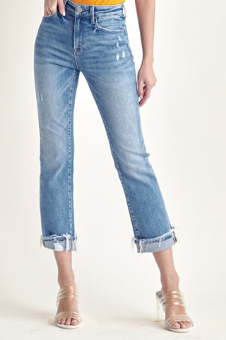 Risen Mid Rise Cuffed Straight Jeans