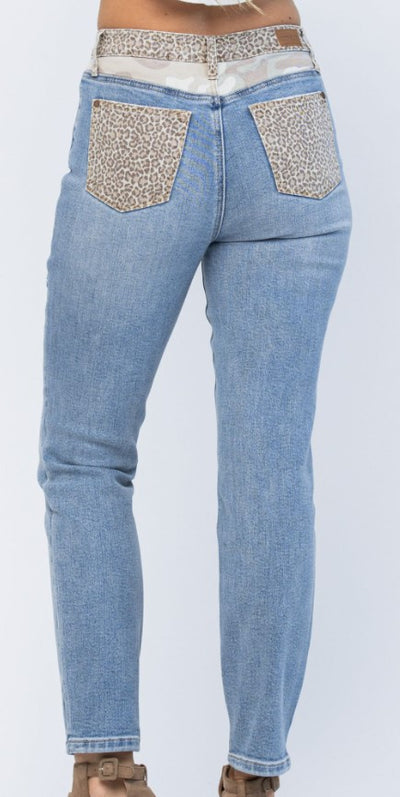 Judy Blue Cheetah Camo Block HW Slim Jeans