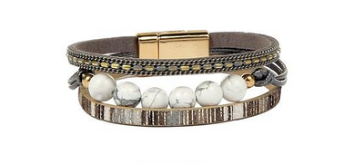 Multi-Strand Leather & Natural Stone Bracelet