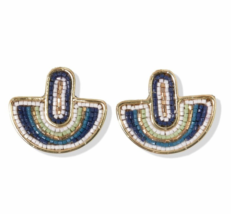 Peacock Ivory Beads Oval Half Circle Post Earrings