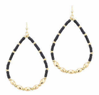 Wood & Gold Beaded Teardrop Earrings