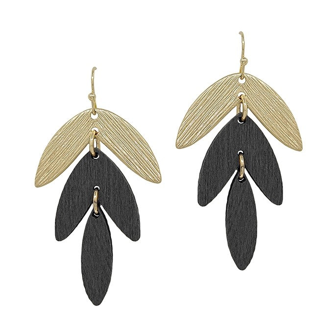 Triple Wooden Drop Leaf Earrings