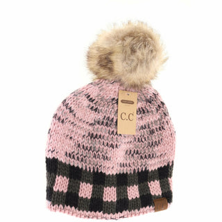 Buffalo Check Mixed Print Pom Beanie