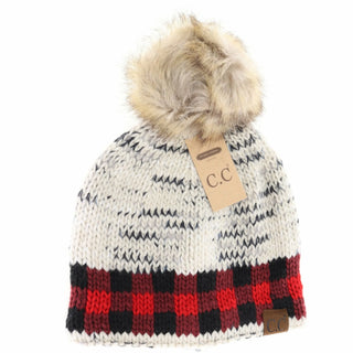 Buffalo Check Mixed Print Pom Beanie