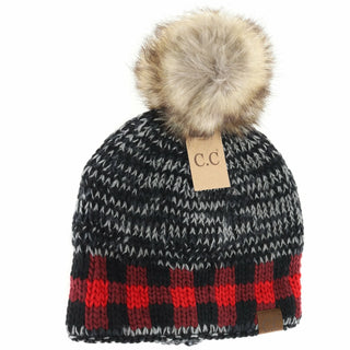 Buffalo Check Mixed Print Pom Beanie